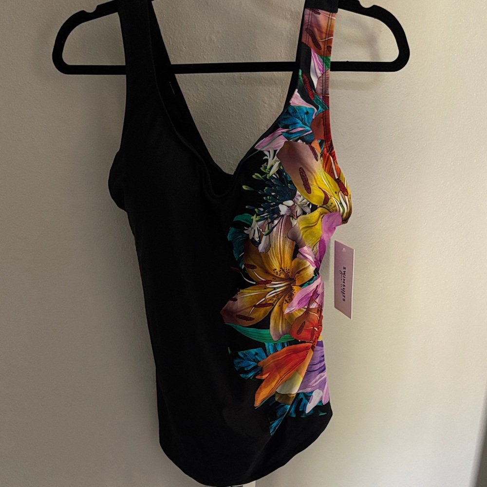 Sarong style Black One-Piece with Multicolor Floral Side Panel never worn